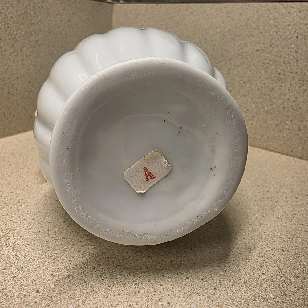 Vintage White  Porcelain Ribbed Bud Vase -Raised Glossy Flowers 7.5